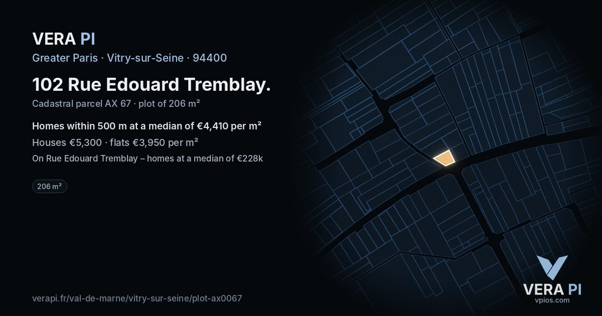 102 Rue Edouard Tremblay, Vitry-sur-Seine at night – the plot lit, the parcels around coloured by the prices near them