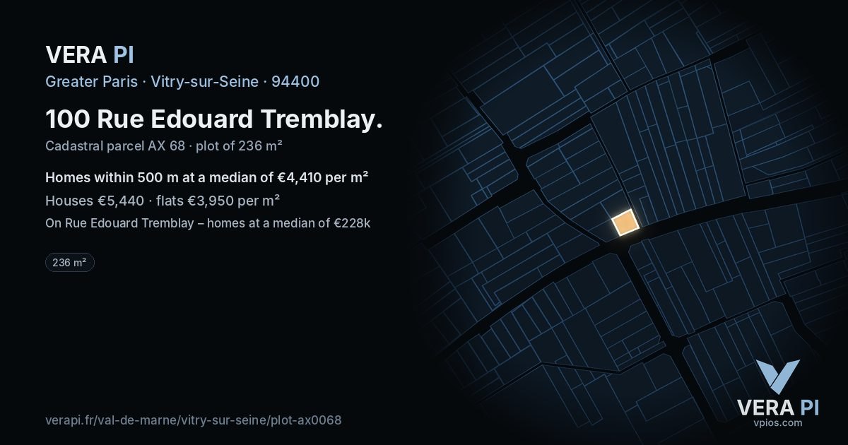 100 Rue Edouard Tremblay, Vitry-sur-Seine at night – the plot lit, the parcels around coloured by the prices near them