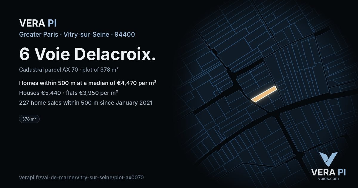 6 Voie Delacroix, Vitry-sur-Seine at night – the plot lit, the parcels around coloured by the prices near them