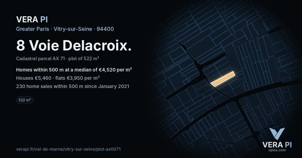8 Voie Delacroix, Vitry-sur-Seine at night – the plot lit, the parcels around coloured by the prices near them