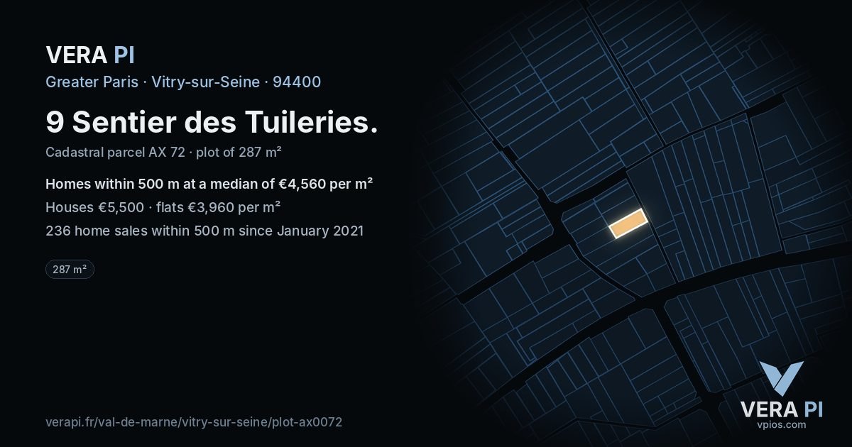 9 Sentier des Tuileries, Vitry-sur-Seine at night – the plot lit, the parcels around coloured by the prices near them