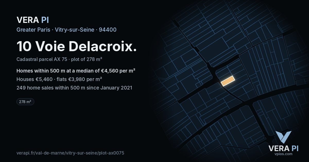 10 Voie Delacroix, Vitry-sur-Seine at night – the plot lit, the parcels around coloured by the prices near them