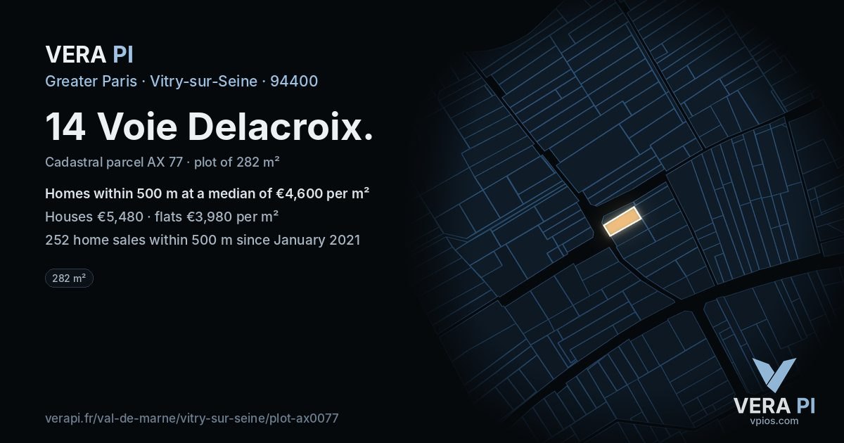 14 Voie Delacroix, Vitry-sur-Seine at night – the plot lit, the parcels around coloured by the prices near them