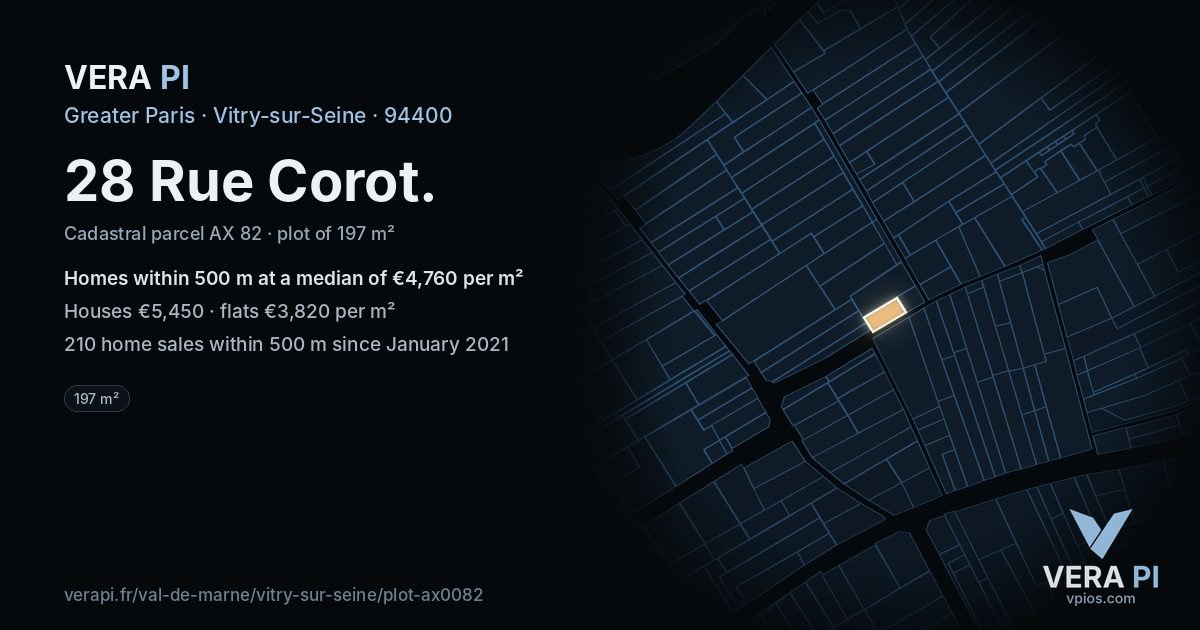28 Rue Corot, Vitry-sur-Seine at night – the plot lit, the parcels around coloured by the prices near them