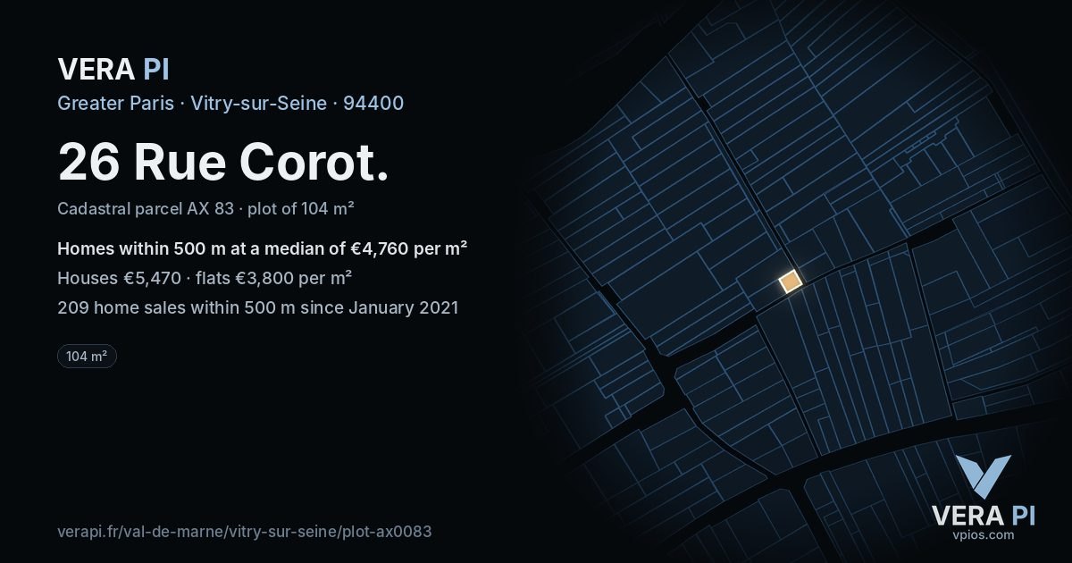 26 Rue Corot, Vitry-sur-Seine at night – the plot lit, the parcels around coloured by the prices near them