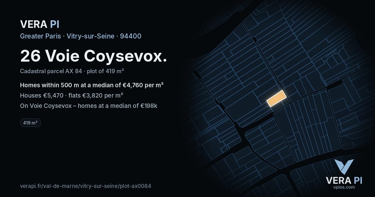 26 Voie Coysevox, Vitry-sur-Seine at night – the plot lit, the parcels around coloured by the prices near them