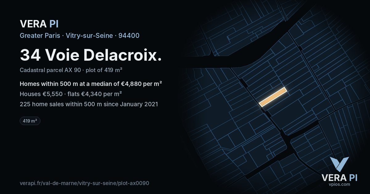34 Voie Delacroix, Vitry-sur-Seine at night – the plot lit, the parcels around coloured by the prices near them