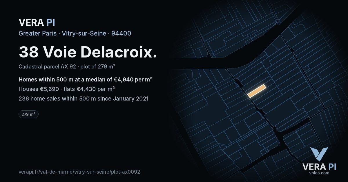 38 Voie Delacroix, Vitry-sur-Seine at night – the plot lit, the parcels around coloured by the prices near them