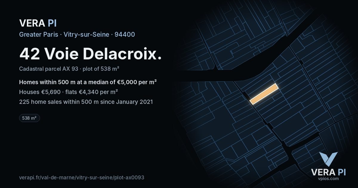 42 Voie Delacroix, Vitry-sur-Seine at night – the plot lit, the parcels around coloured by the prices near them