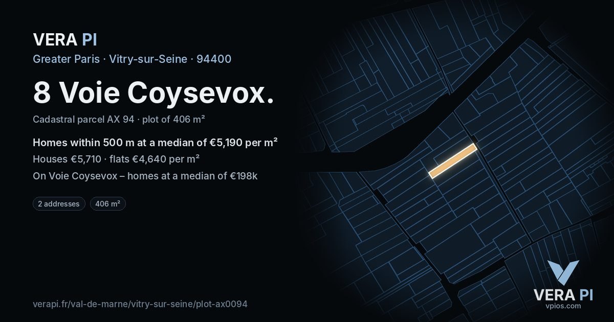 8 Voie Coysevox, Vitry-sur-Seine at night – the plot lit, the parcels around coloured by the prices near them