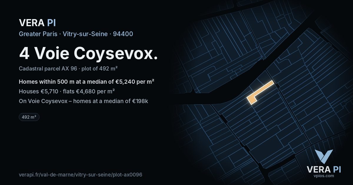 4 Voie Coysevox, Vitry-sur-Seine at night – the plot lit, the parcels around coloured by the prices near them