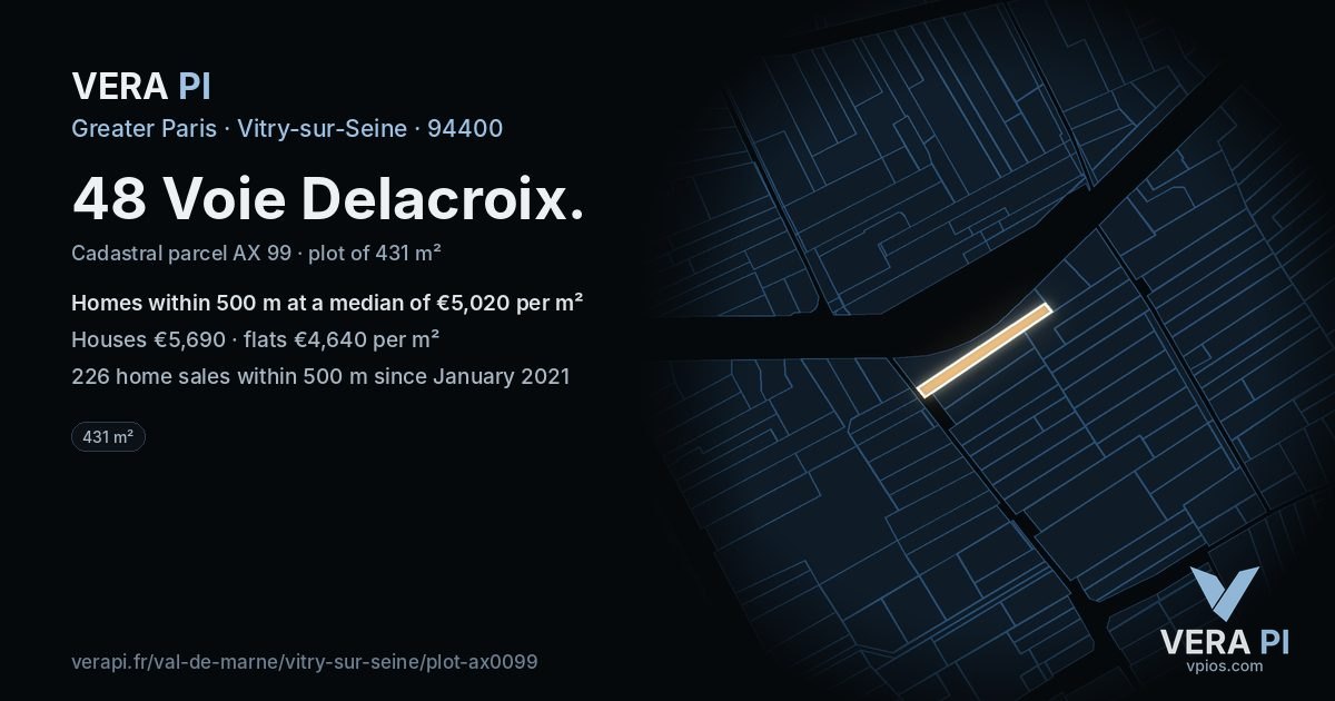 48 Voie Delacroix, Vitry-sur-Seine at night – the plot lit, the parcels around coloured by the prices near them