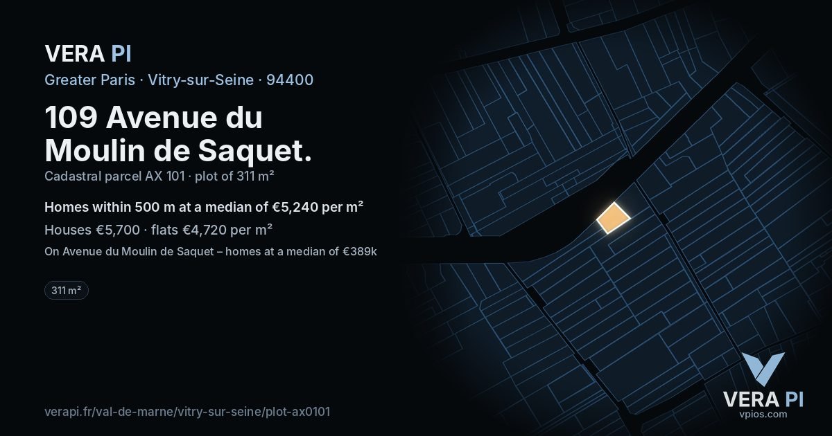 109 Avenue du Moulin de Saquet, Vitry-sur-Seine at night – the plot lit, the parcels around coloured by the prices near them