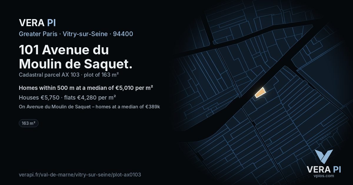 101 Avenue du Moulin de Saquet, Vitry-sur-Seine at night – the plot lit, the parcels around coloured by the prices near them