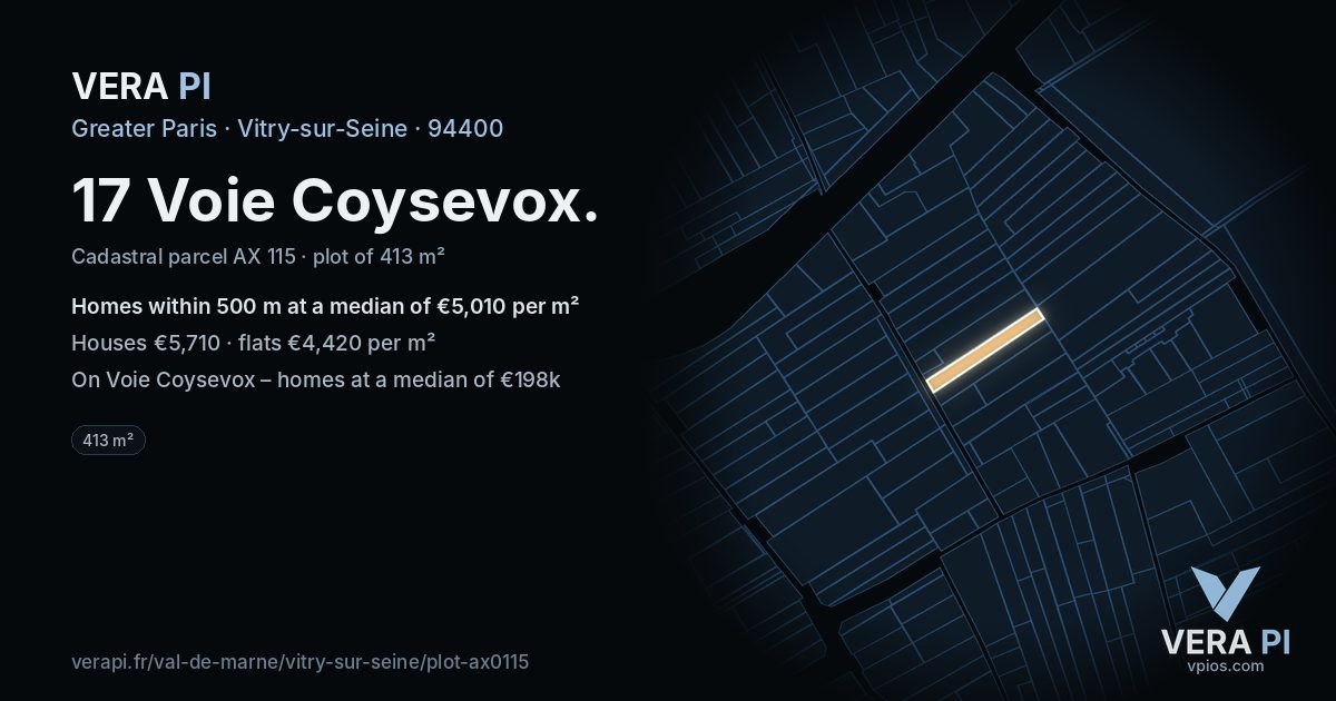17 Voie Coysevox, Vitry-sur-Seine at night – the plot lit, the parcels around coloured by the prices near them