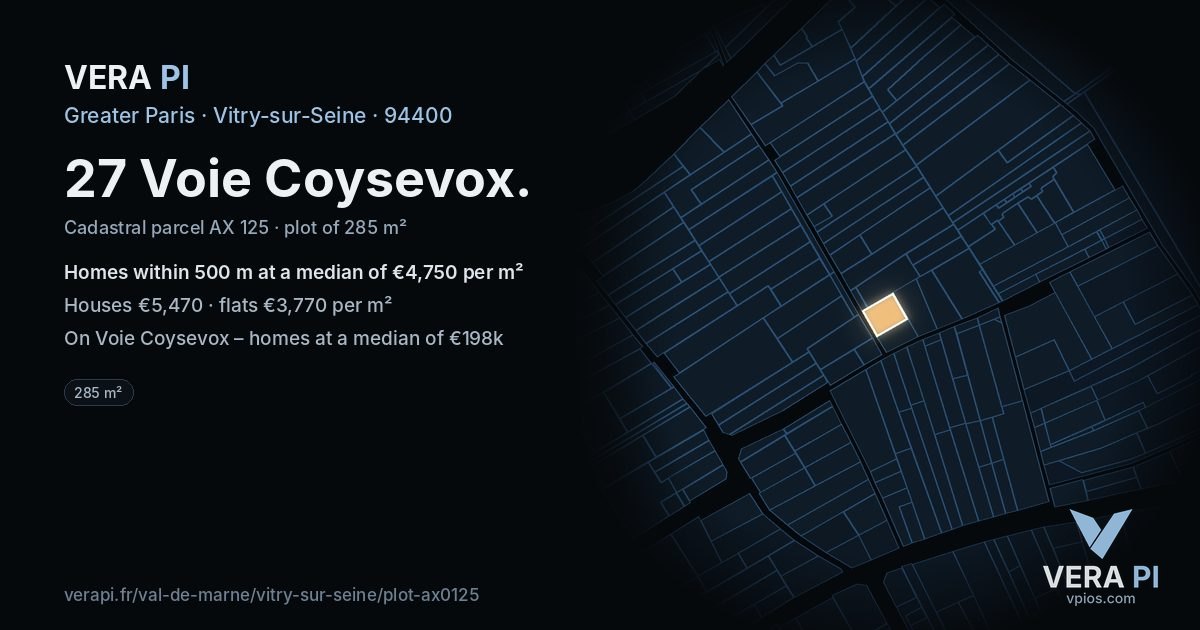 27 Voie Coysevox, Vitry-sur-Seine at night – the plot lit, the parcels around coloured by the prices near them