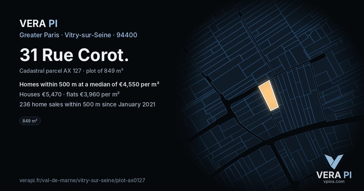 31 Rue Corot, Vitry-sur-Seine at night – the plot lit, the parcels around coloured by the prices near them