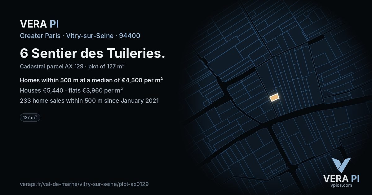 6 Sentier des Tuileries, Vitry-sur-Seine at night – the plot lit, the parcels around coloured by the prices near them
