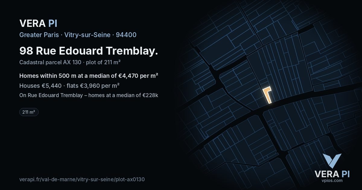 98 Rue Edouard Tremblay, Vitry-sur-Seine at night – the plot lit, the parcels around coloured by the prices near them