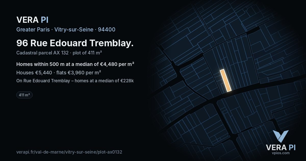96 Rue Edouard Tremblay, Vitry-sur-Seine at night – the plot lit, the parcels around coloured by the prices near them