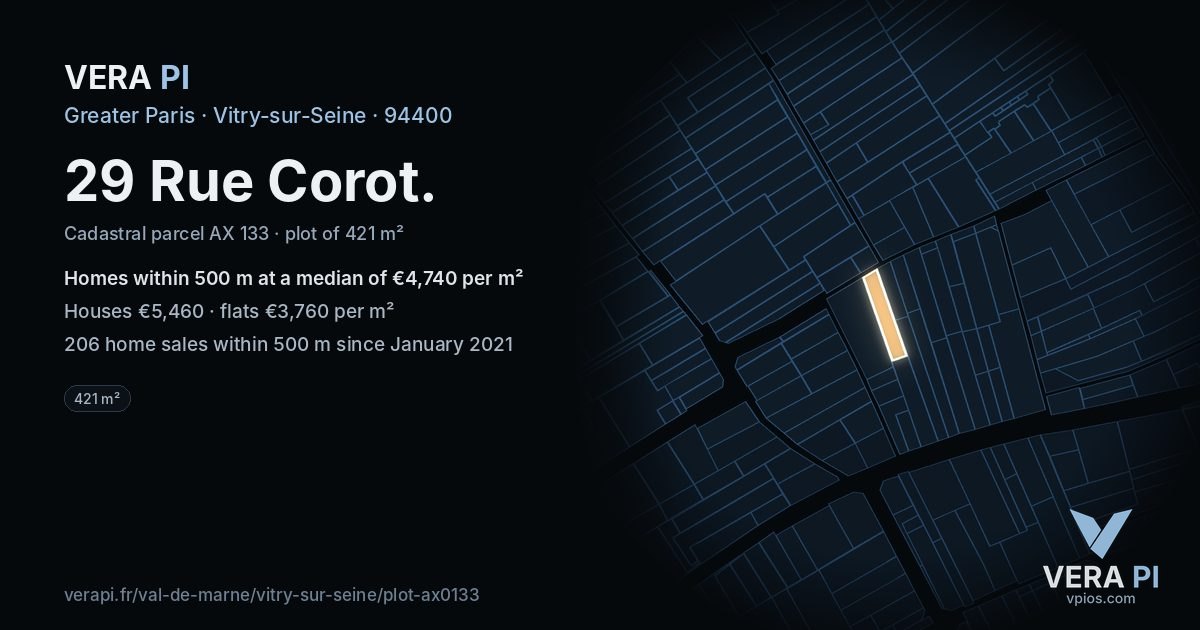 29 Rue Corot, Vitry-sur-Seine at night – the plot lit, the parcels around coloured by the prices near them