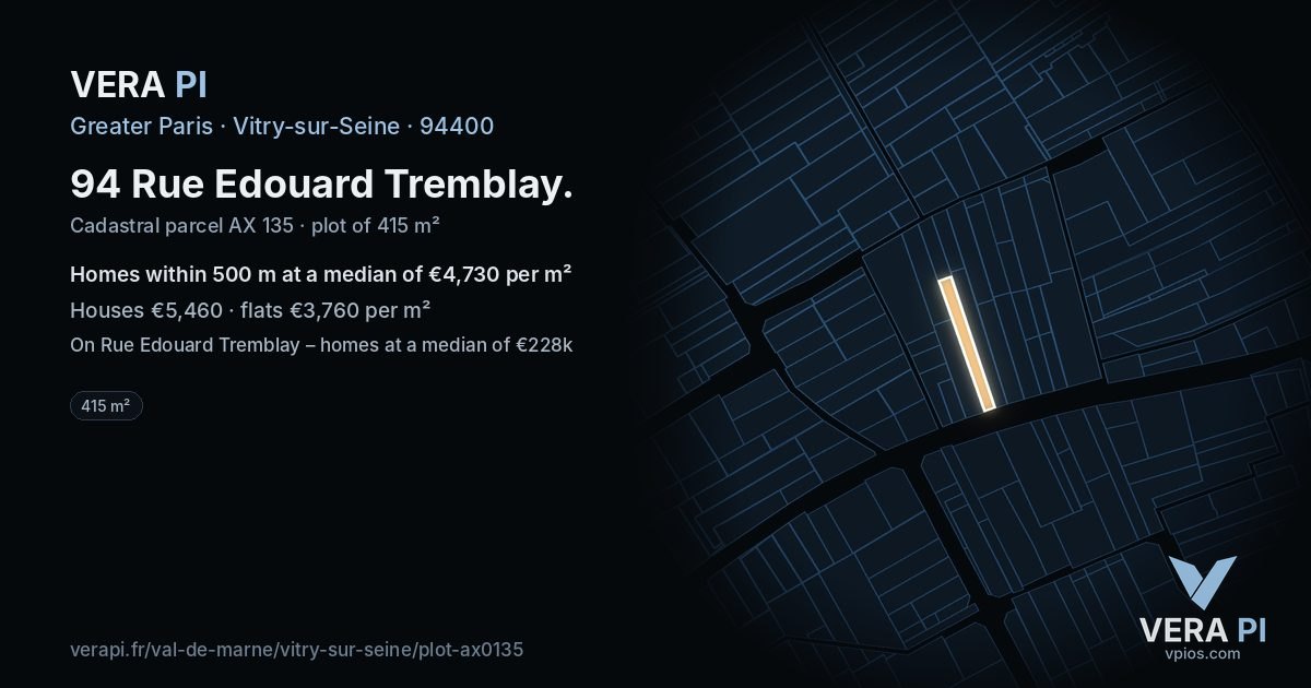 94 Rue Edouard Tremblay, Vitry-sur-Seine at night – the plot lit, the parcels around coloured by the prices near them
