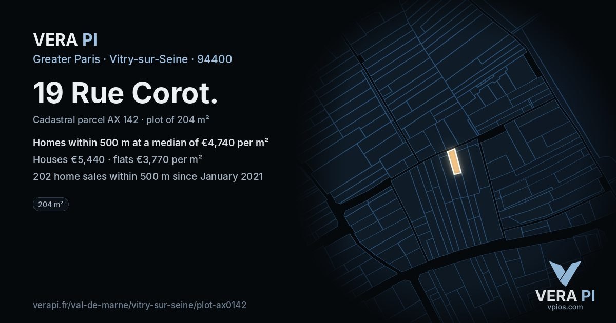 19 Rue Corot, Vitry-sur-Seine at night – the plot lit, the parcels around coloured by the prices near them