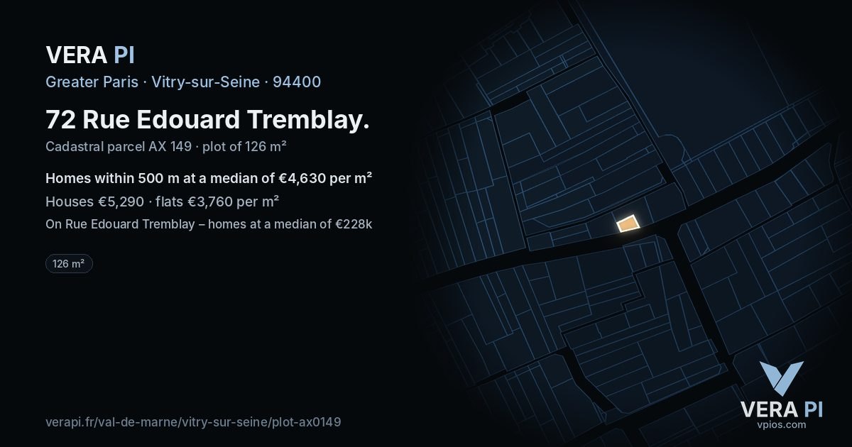72 Rue Edouard Tremblay, Vitry-sur-Seine at night – the plot lit, the parcels around coloured by the prices near them