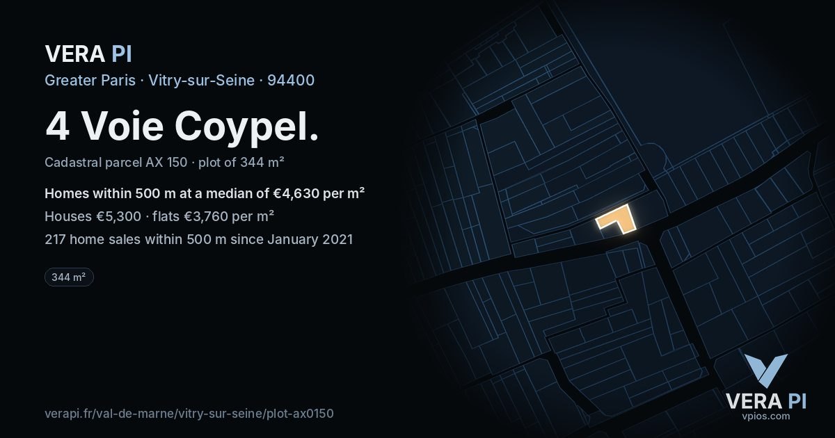 4 Voie Coypel, Vitry-sur-Seine at night – the plot lit, the parcels around coloured by the prices near them