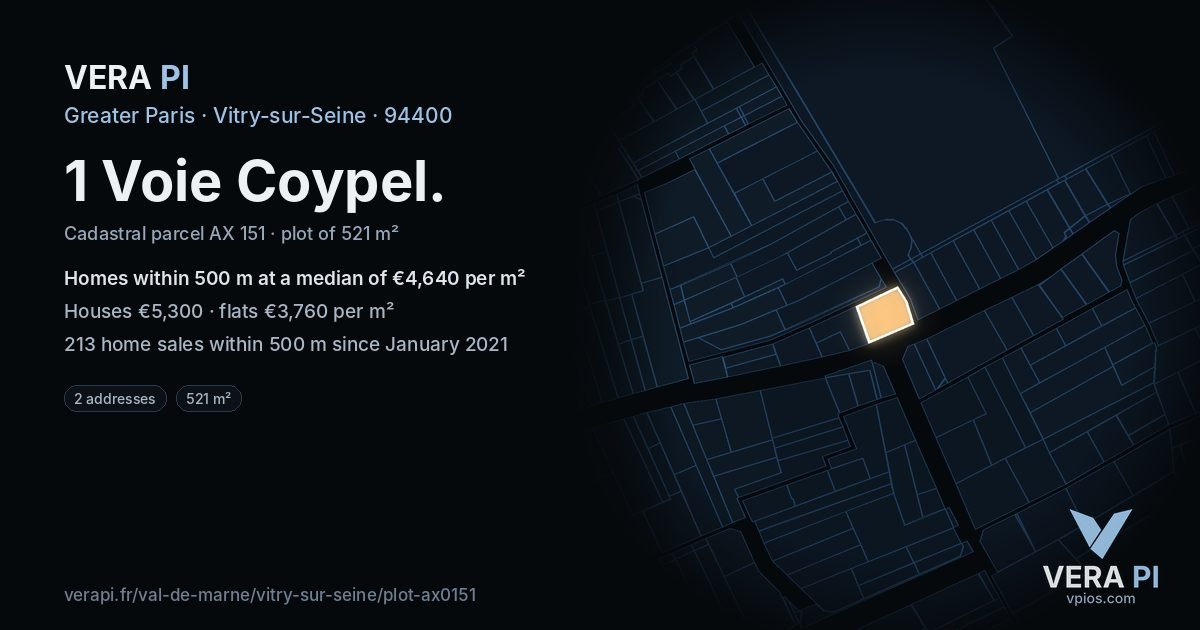 1 Voie Coypel, Vitry-sur-Seine at night – the plot lit, the parcels around coloured by the prices near them