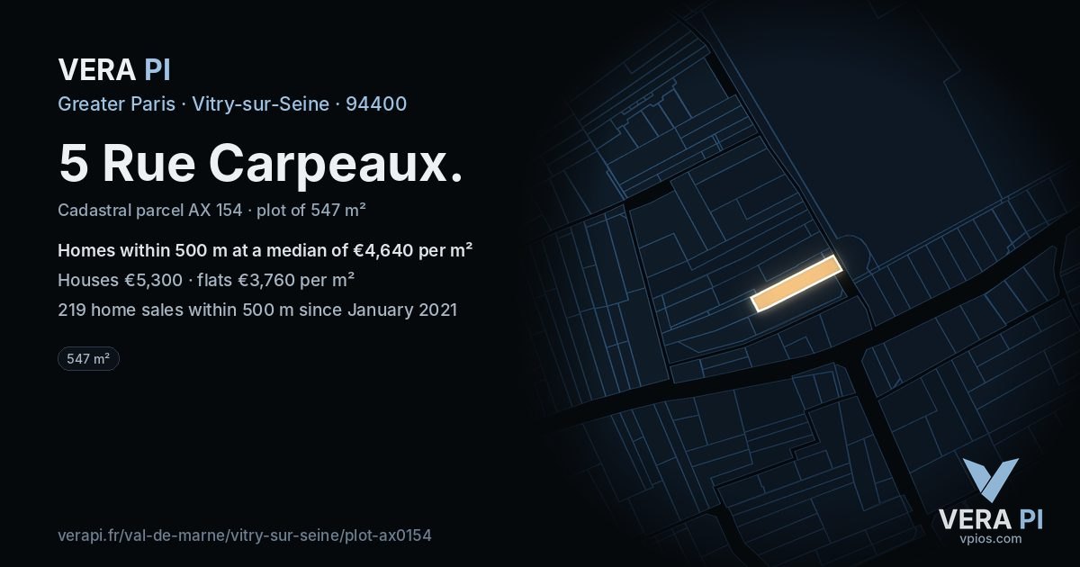 5 Rue Carpeaux, Vitry-sur-Seine at night – the plot lit, the parcels around coloured by the prices near them