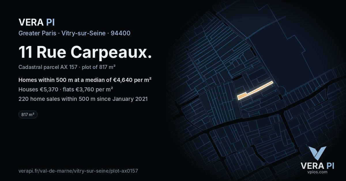 11 Rue Carpeaux, Vitry-sur-Seine at night – the plot lit, the parcels around coloured by the prices near them