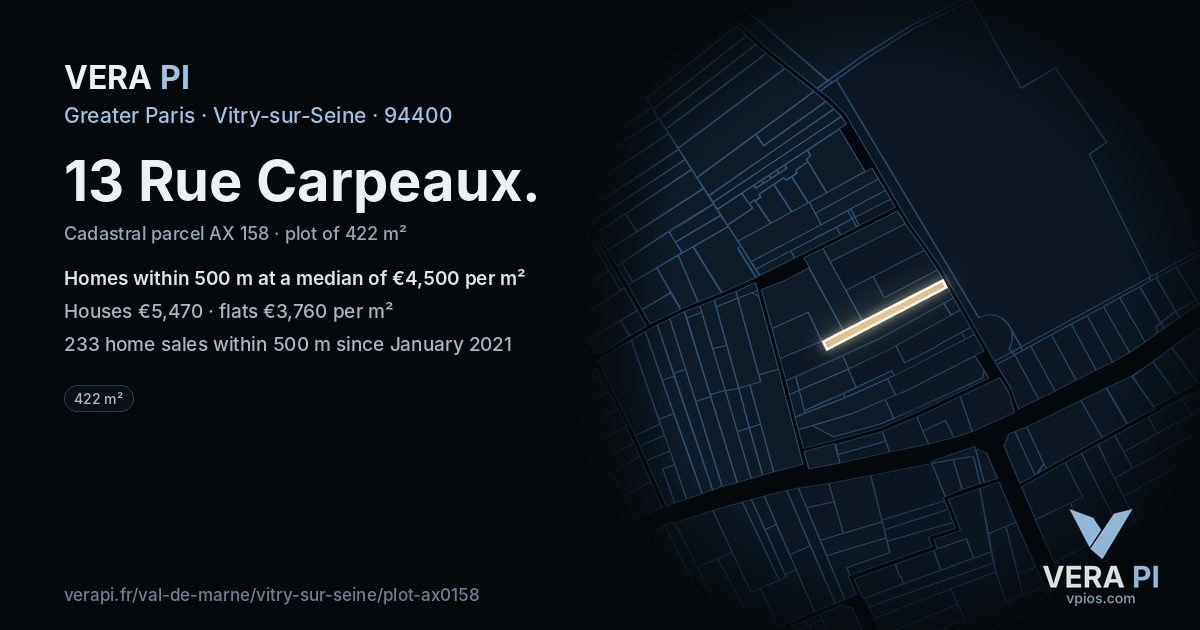 13 Rue Carpeaux, Vitry-sur-Seine at night – the plot lit, the parcels around coloured by the prices near them