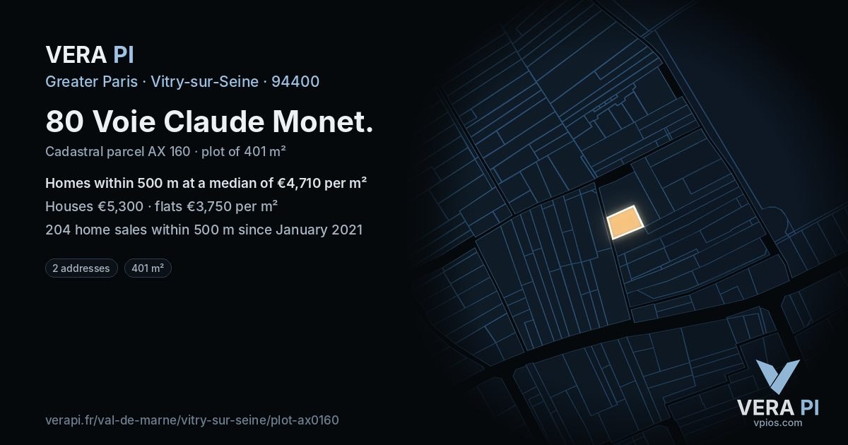 80 Voie Claude Monet, Vitry-sur-Seine at night – the plot lit, the parcels around coloured by the prices near them