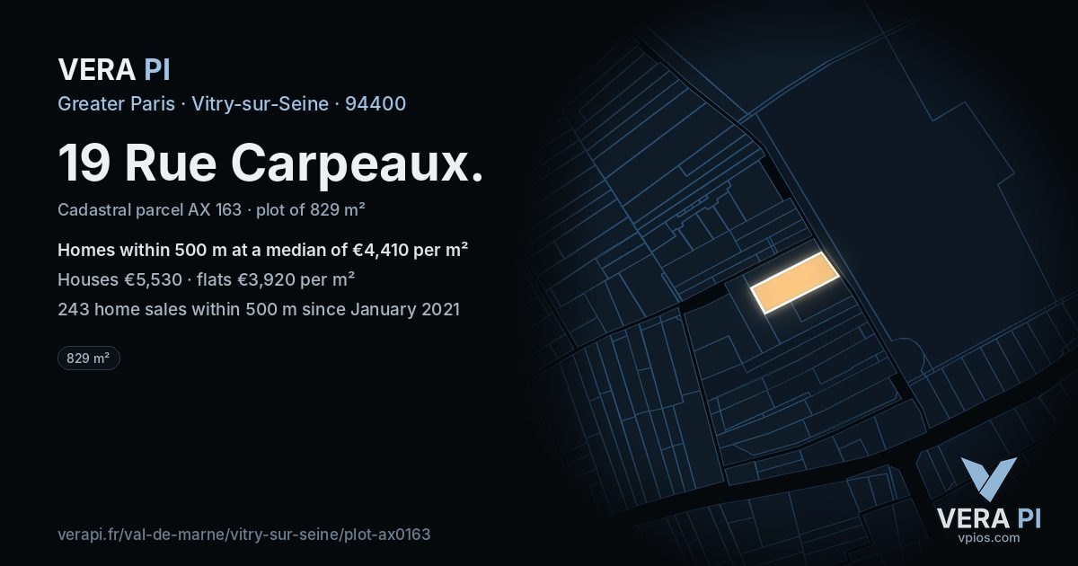 19 Rue Carpeaux, Vitry-sur-Seine at night – the plot lit, the parcels around coloured by the prices near them