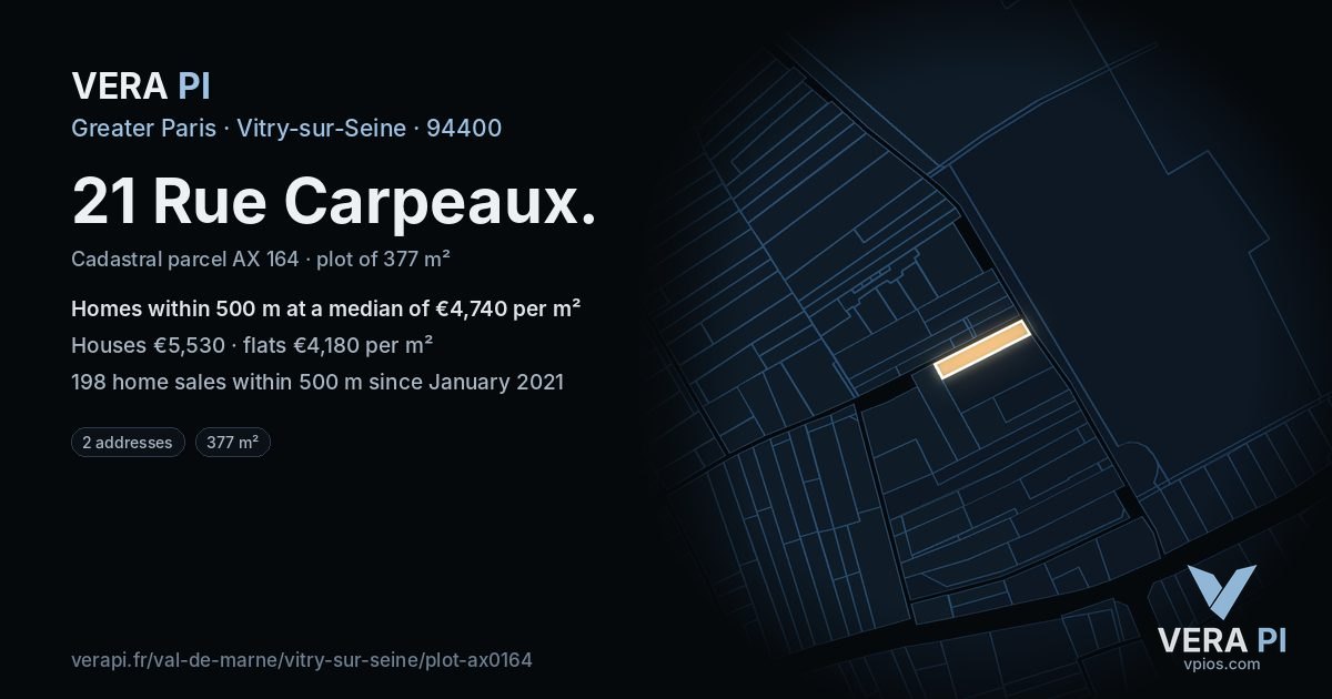 21 Rue Carpeaux, Vitry-sur-Seine at night – the plot lit, the parcels around coloured by the prices near them
