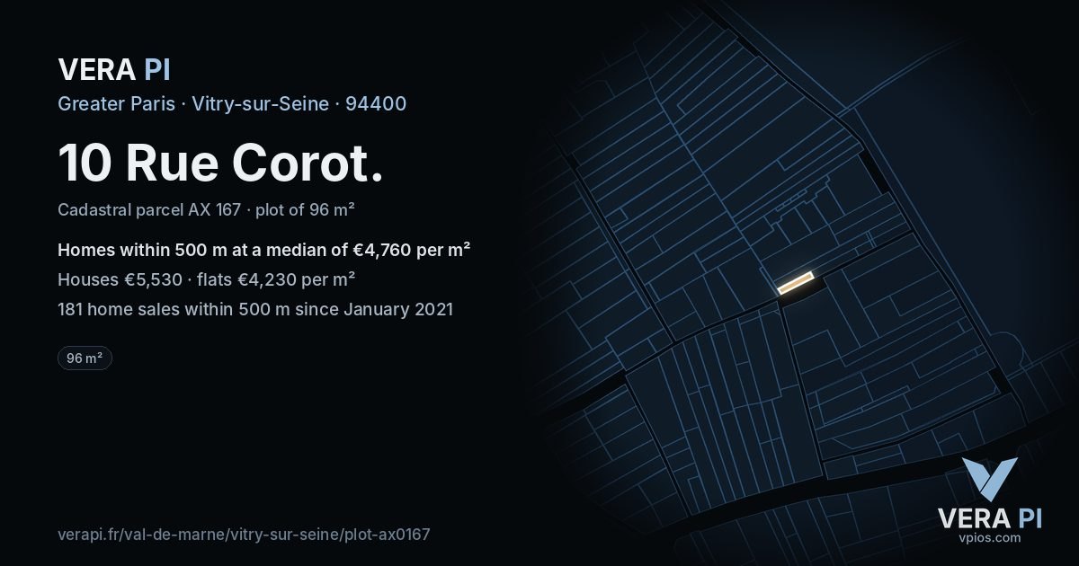 10 Rue Corot, Vitry-sur-Seine at night – the plot lit, the parcels around coloured by the prices near them