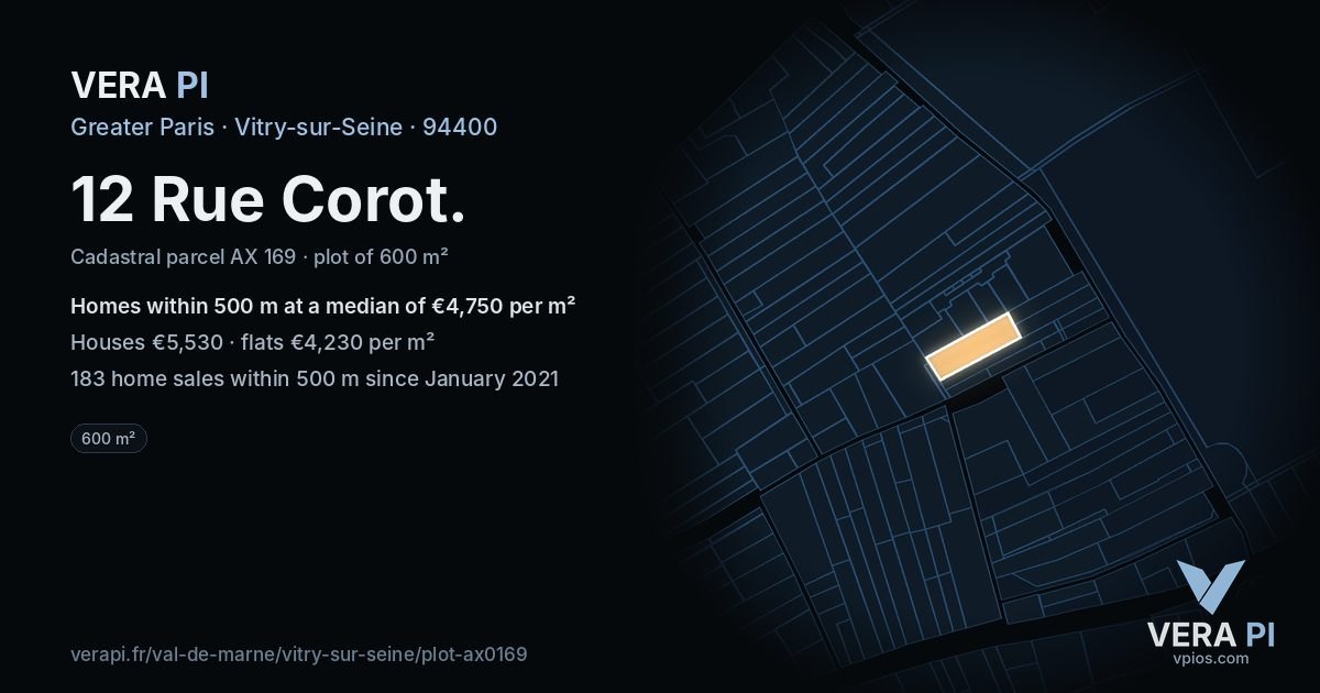 12 Rue Corot, Vitry-sur-Seine at night – the plot lit, the parcels around coloured by the prices near them