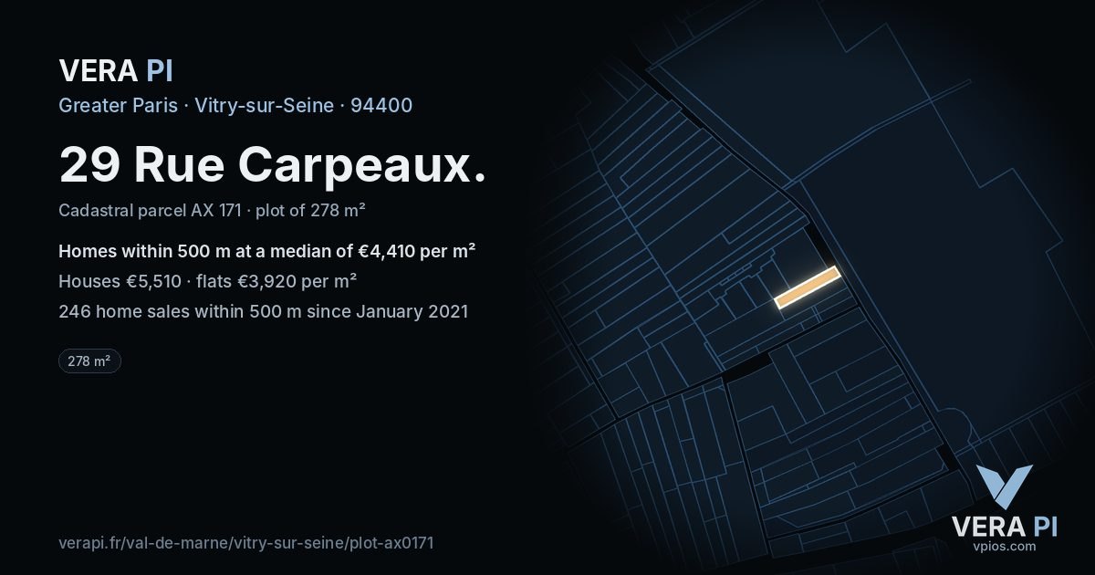 29 Rue Carpeaux, Vitry-sur-Seine at night – the plot lit, the parcels around coloured by the prices near them