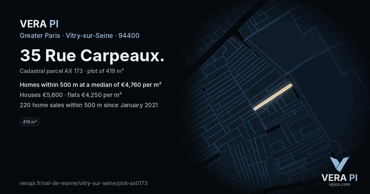 35 Rue Carpeaux, Vitry-sur-Seine at night – the plot lit, the parcels around coloured by the prices near them