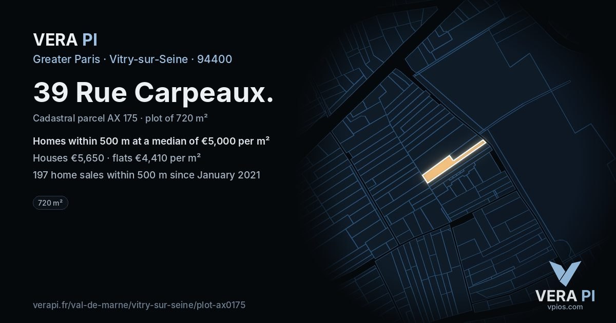 39 Rue Carpeaux, Vitry-sur-Seine at night – the plot lit, the parcels around coloured by the prices near them