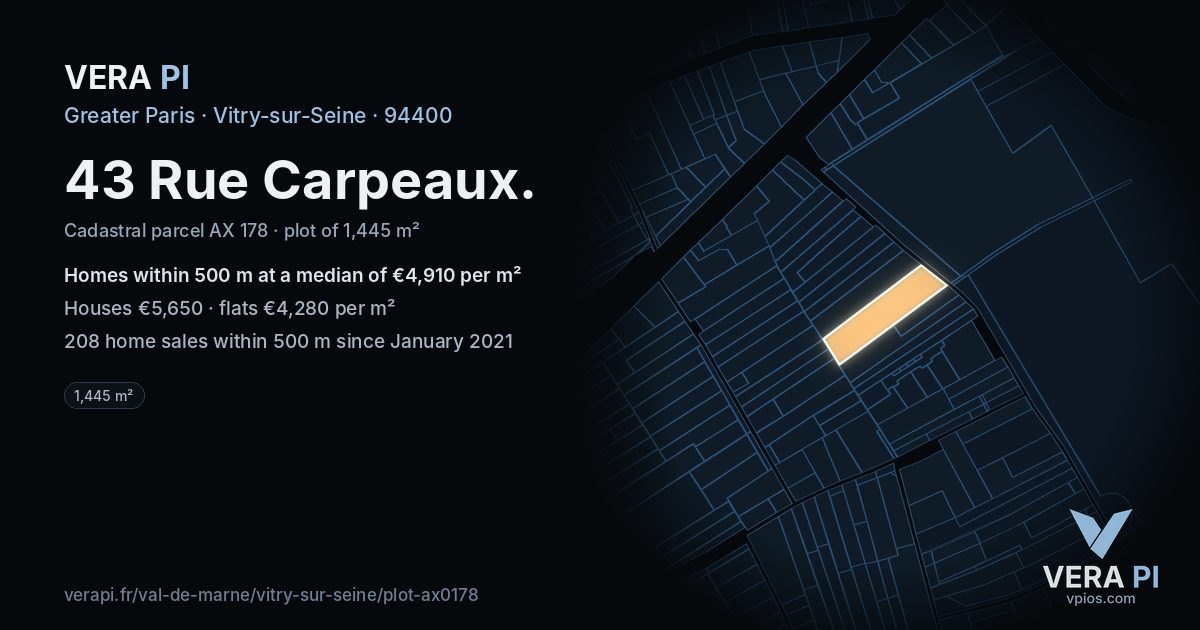 43 Rue Carpeaux, Vitry-sur-Seine at night – the plot lit, the parcels around coloured by the prices near them
