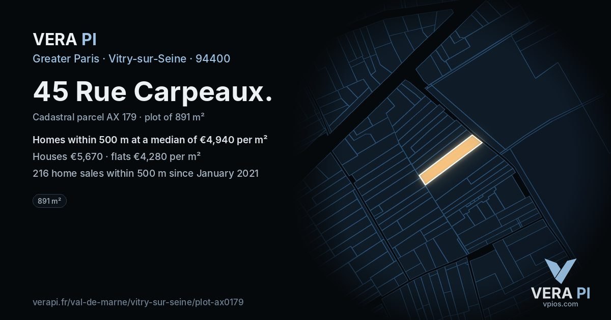 45 Rue Carpeaux, Vitry-sur-Seine at night – the plot lit, the parcels around coloured by the prices near them