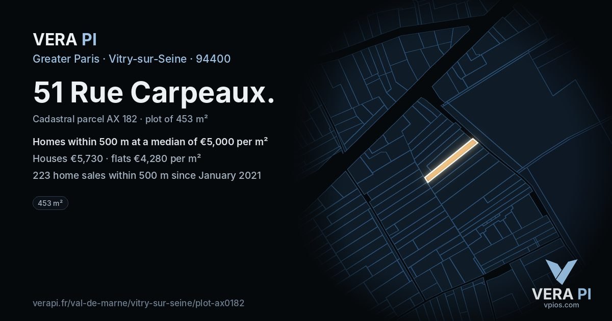 51 Rue Carpeaux, Vitry-sur-Seine at night – the plot lit, the parcels around coloured by the prices near them