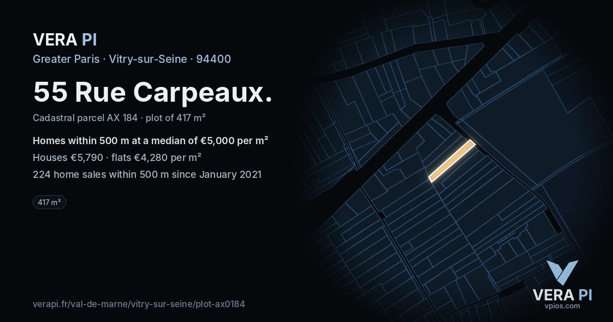 55 Rue Carpeaux, Vitry-sur-Seine at night – the plot lit, the parcels around coloured by the prices near them