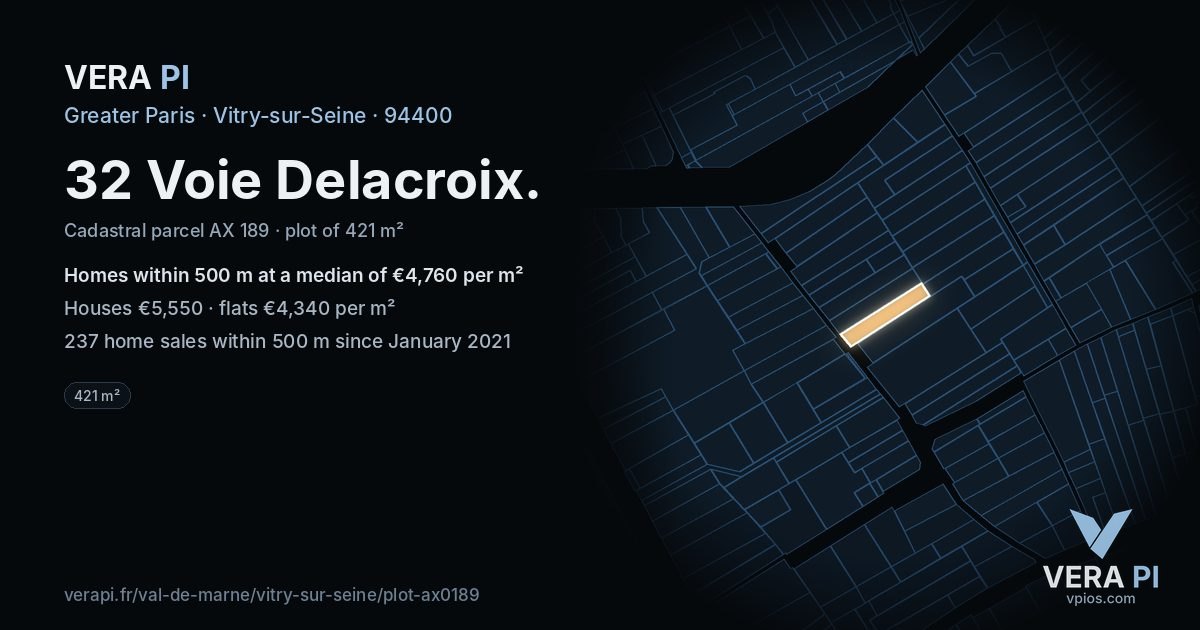 32 Voie Delacroix, Vitry-sur-Seine at night – the plot lit, the parcels around coloured by the prices near them