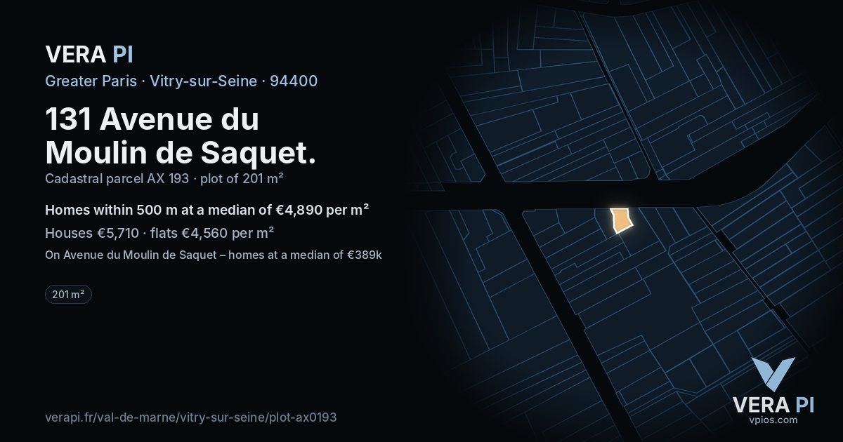 131 Avenue du Moulin de Saquet, Vitry-sur-Seine at night – the plot lit, the parcels around coloured by the prices near them