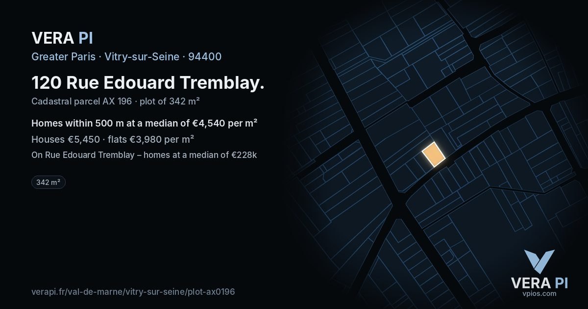 120 Rue Edouard Tremblay, Vitry-sur-Seine at night – the plot lit, the parcels around coloured by the prices near them