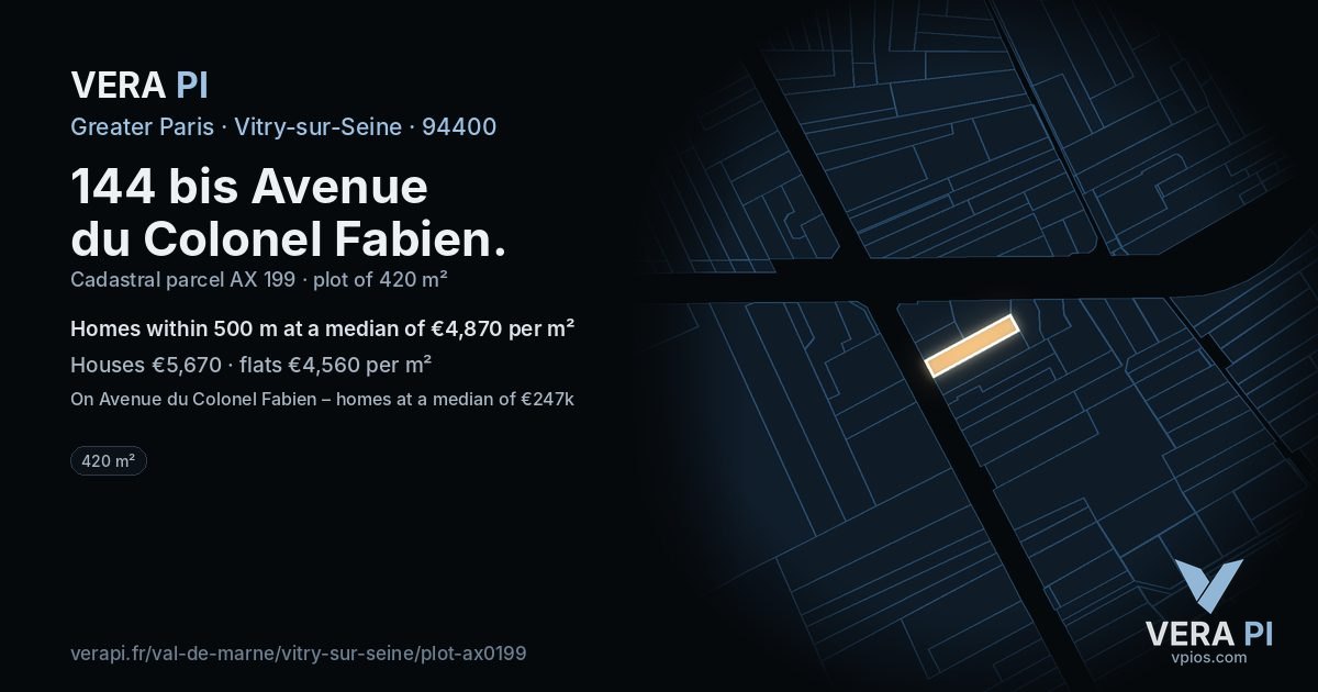 144 bis Avenue du Colonel Fabien, Vitry-sur-Seine at night – the plot lit, the parcels around coloured by the prices near them