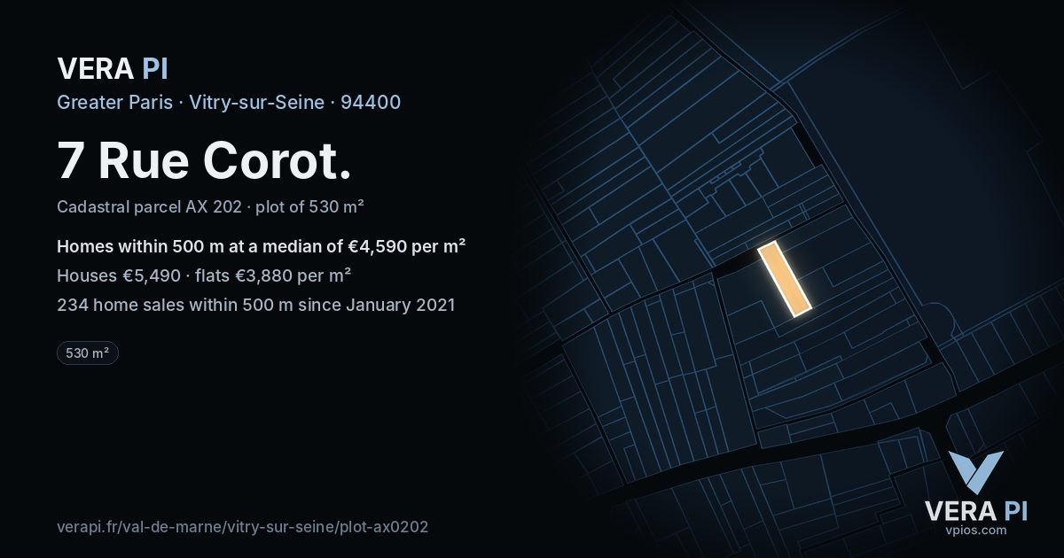7 Rue Corot, Vitry-sur-Seine at night – the plot lit, the parcels around coloured by the prices near them
